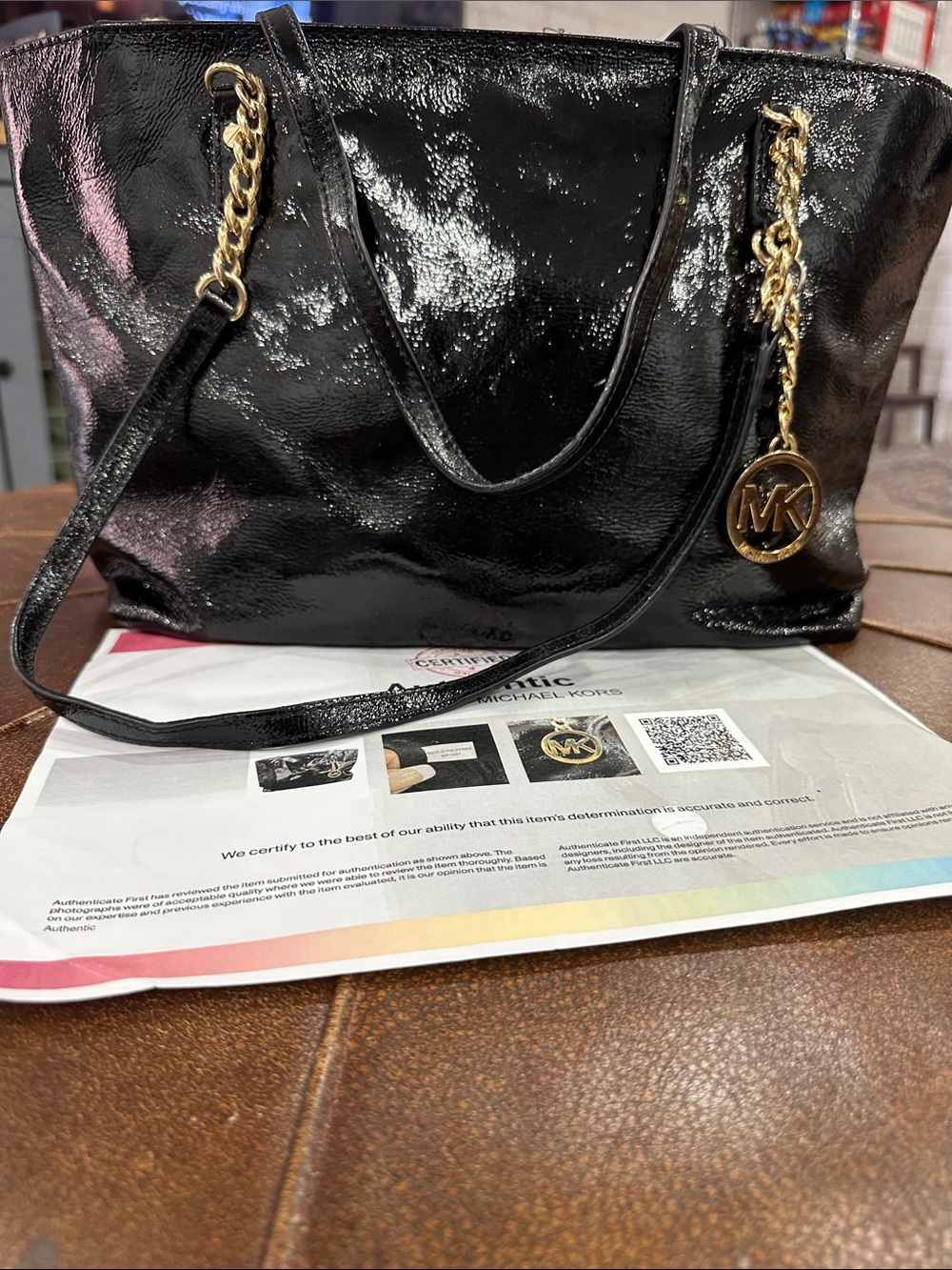 Michael Kors Black Patent Tote with Gold Chain Charm